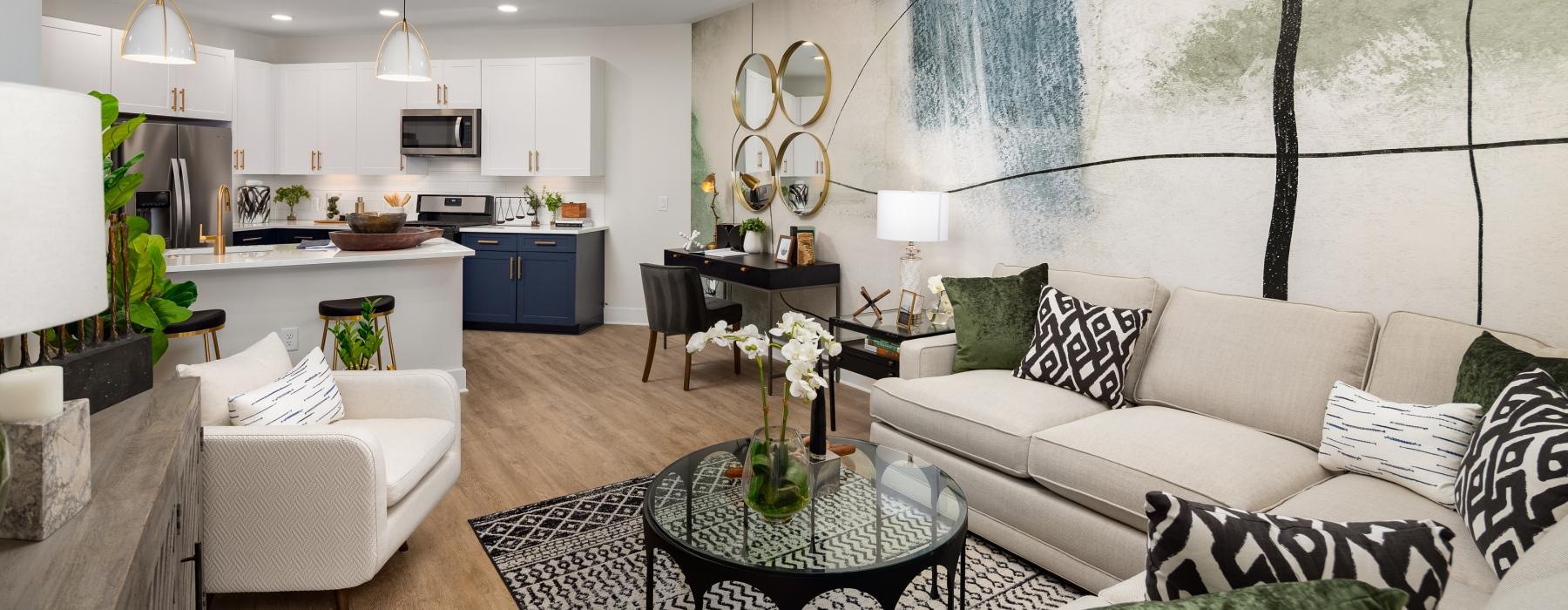 a living room with a large wall mural